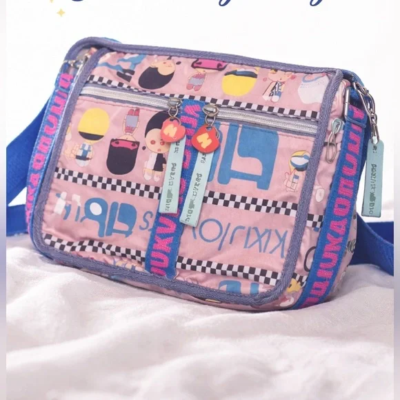 Harajuku Lovers Crossbody Bag Pink Cartoon Print Multi Pocket Y2K Kawaii - Picture 2 of 9